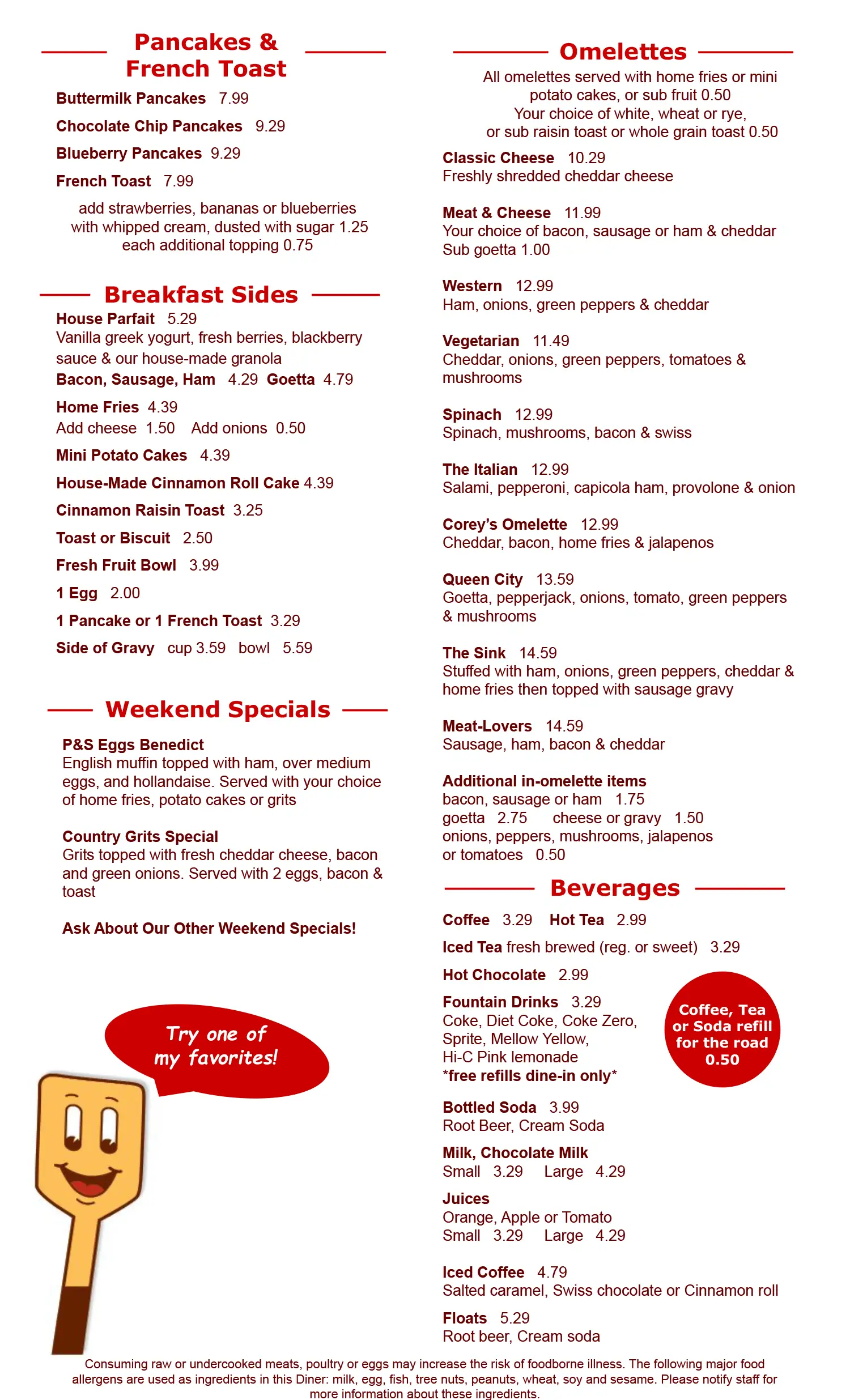 P&S Family Diner Menu 2